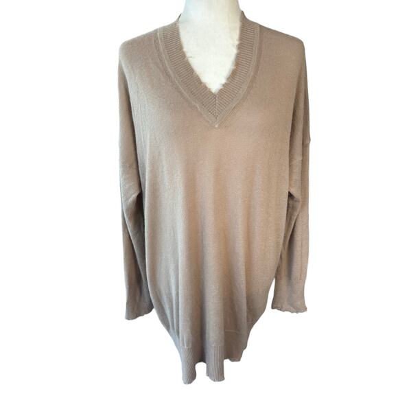 Prive 45 Cashmere? V Neck Sweater Large Tan Thrashed Designer Luxury Grunge Cozy - Picture 1 of 16